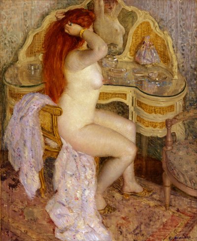 彼女のドレッシングテーブルに座っている裸体 作： Frederick Carl Frieseke